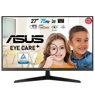 ASUS VY279HE 27 GAMING IPS FREESYNC 1920x1080 1MS 75HZ HDMI VGA VESA 3YIL EYECARE PLUS,FLICKER-FREE,CERCEVESIZ,DUSUK MAVI ISIK,Antibakteriyel Kaplama Monitör