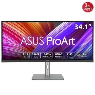 ASUS PROART PA34VCNV 34 KAVISLI IPS HDR 3440x1440 5MS DP HDMI USB-C VESA 3YIL RJ45, EYECARE,0 SRGB FLICKER-FREE,CERCEVESIZ,DUSUK MAVI ISIK YÜKSEKLİK AYARI USB-C PD90 W Monitör